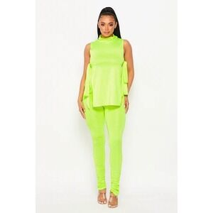 Rivir Women's Neon Green Sleeveless Open Tie‎ Sides High Neck Top Size Small
